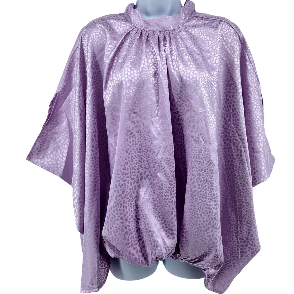 Oddi Lilac Leopard Satin Poncho Blouse Womens M Purple Bubble Hem Top NEW